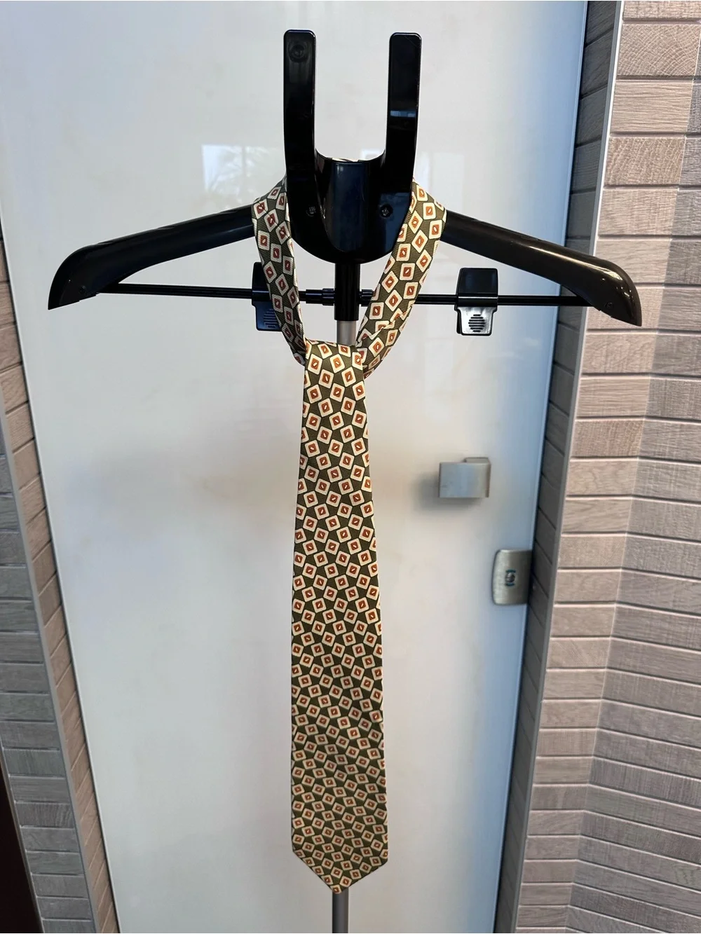 J. Crew Olive Green Geometric Silk-Blend Tie with Cream and Rust Accents
